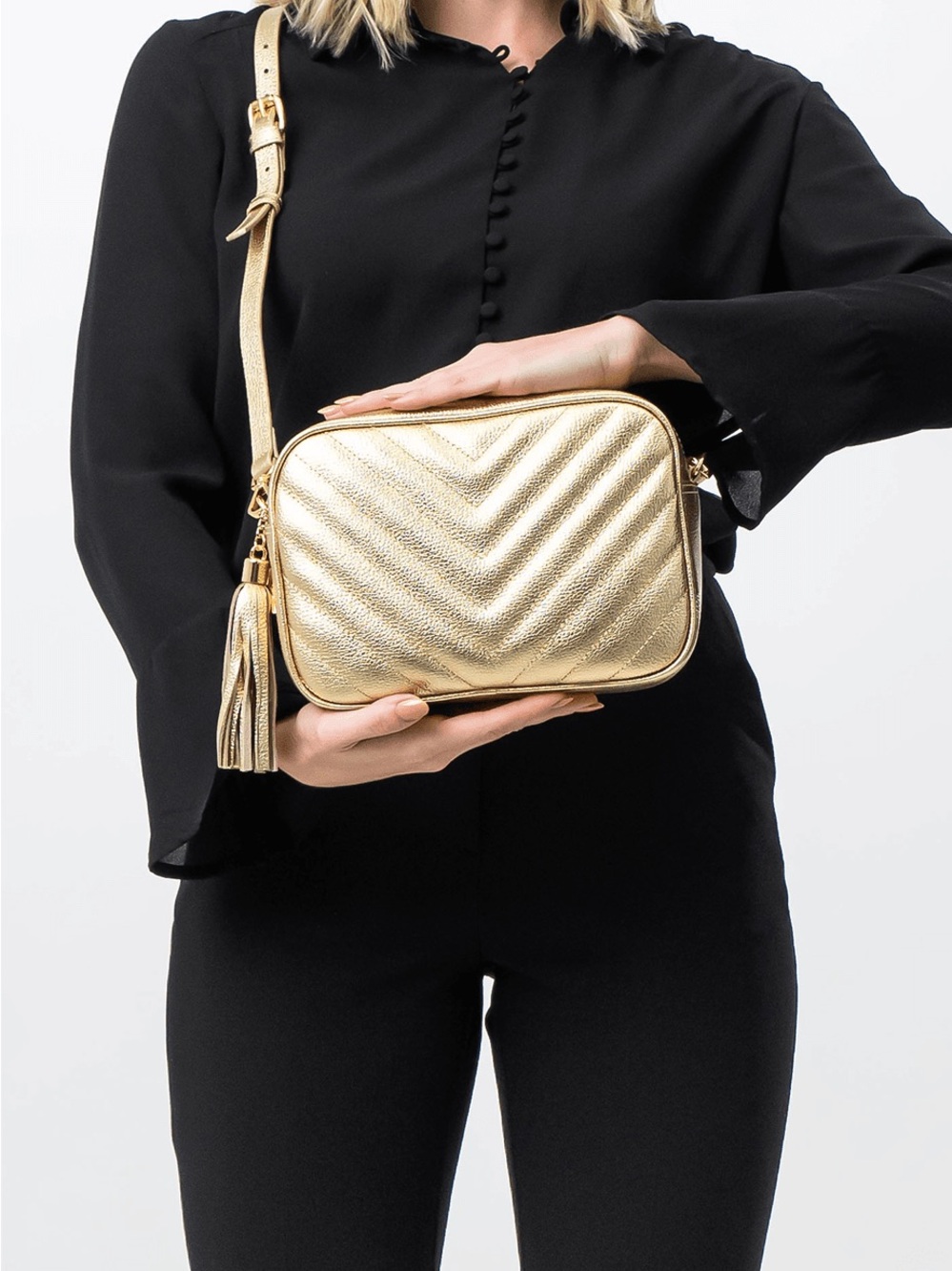 Elegant Gold Quilted Crossbody with Tassel Accent